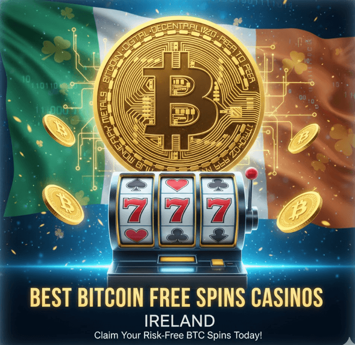 Irish flag background with a gold Bitcoin coin and a slot machine, featuring text for "Best Bitcoin Free Spins Casinos in Ireland."