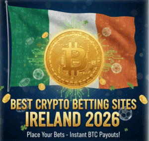 Irish flag background featuring a Bitcoin coin and sports betting iconography, with text for "Best Crypto Betting Sites in Ireland 2026."