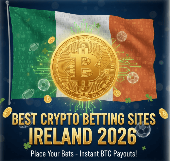 Irish flag background featuring a Bitcoin coin and sports betting iconography, with text for "Best Crypto Betting Sites in Ireland 2026."