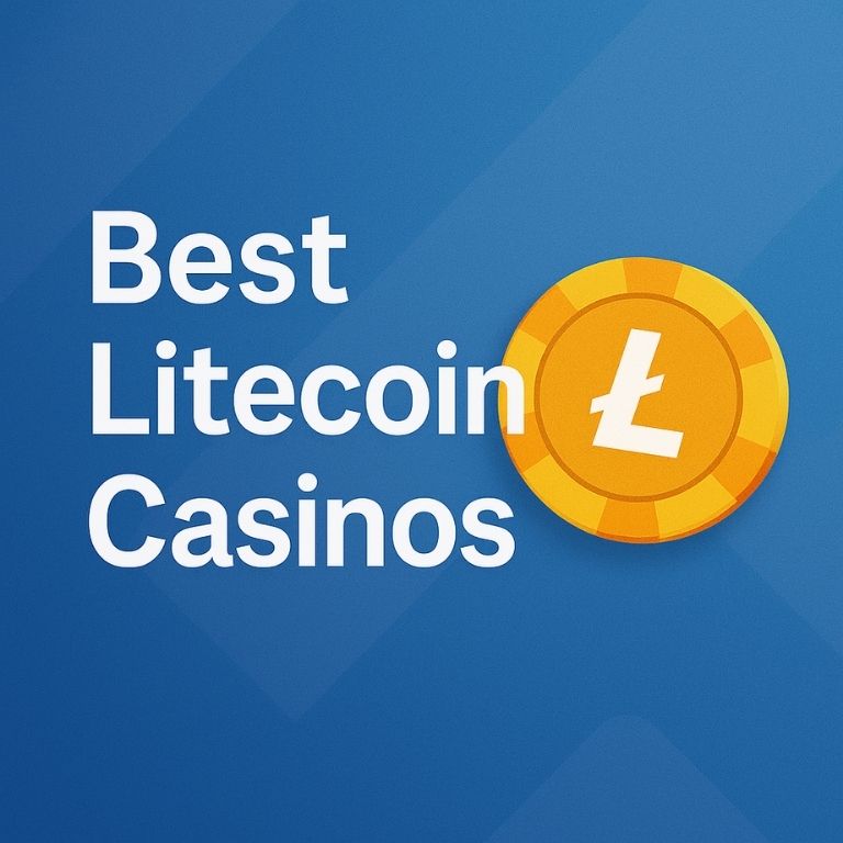 Image of a poker chip with the Litecoin symbol next to the text “Best Litecoin Casinos” on a blue gradient background.
