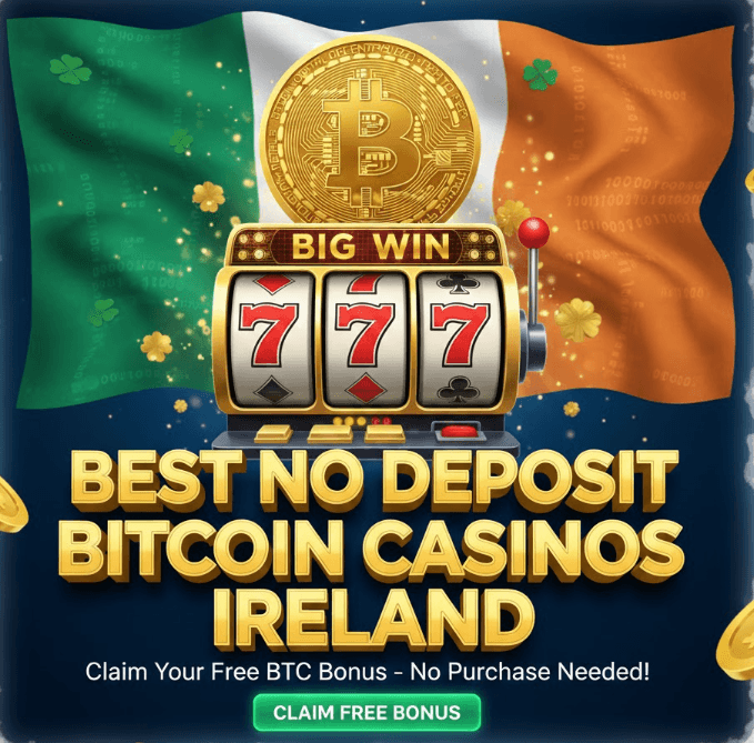 Irish flag background with a gold Bitcoin coin and a slot machine, featuring text for "Best No Deposit Bitcoin Casinos in Ireland."