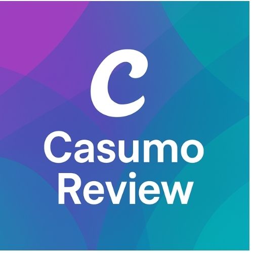 Image with white “Casumo Review” text on a purple and teal abstract background inspired by Casumo branding.