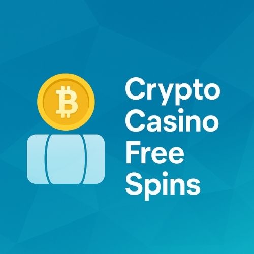 Blue geometric background with a Bitcoin symbol above a stylized wallet. Text reads "Crypto Casino Free Spins," conveying a digital gambling theme.