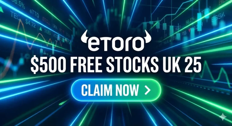 eToro UK promotion banner offering up to $500 in free stocks for 2025, featuring a 'Claim Now' button against a dynamic financial background.