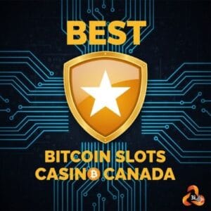 Shield with a white star on a circuit board background. Text: "Best Bitcoin Slots Casino Canada." Bold, tech-themed design.
