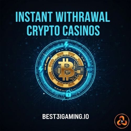 Futuristic digital design with a Bitcoin symbol centered, surrounded by circuit patterns. Text reads "Instant Withdrawal Crypto Casinos." Logo at bottom.