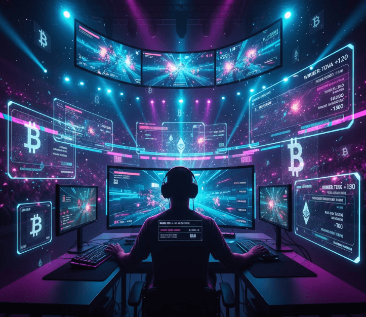 Esports arena with gamer silhouette and futuristic crypto sportsbook HUD elements