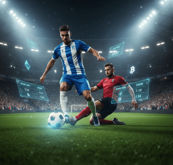European football match with crypto betting overlays and dynamic stadium atmosphere
