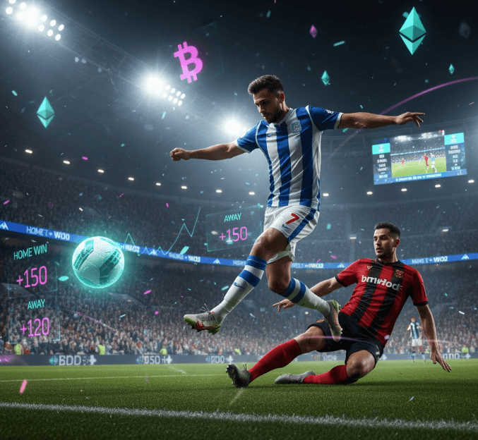 football action scene with digital odds and crypto sports betting elements