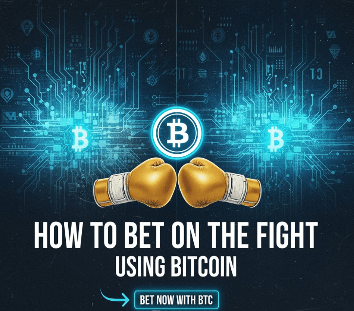 Digital graphic showing boxing gloves and Bitcoin symbols promoting how to bet on a fight using cryptocurrency
