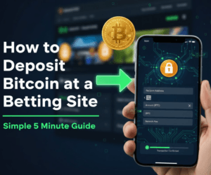 Step-by-step guide visual showing Bitcoin wallet transfer screen for depositing BTC to a betting site