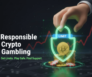 Responsible Crypto Gambling visual showing hands setting limits around Bitcoin and casino chips for safe play