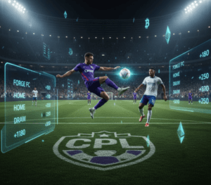 Canadian football gameplay moment with crypto betting graphics and stadium lighting